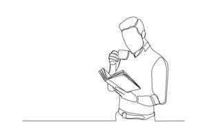 continuous line drawing of business man reading book and drinking cup of coffee. Single one line art of worker lifestyle. Vector illustration