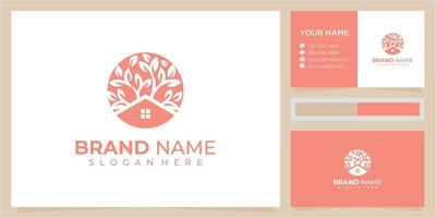 house tree nature logo design inspiration with business card design. leaf home logo design, tree icon, roof icon vector