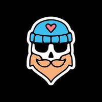 Skull head in cute beanie hat with beard and mustache. illustration for t shirt, poster, logo, sticker, or apparel merchandise. vector