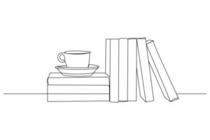 Continuous line drawing of a stack of book beside a cup of coffee at work desk. Writing draft business concept. Modern single one line art draw design vector graphic illustration