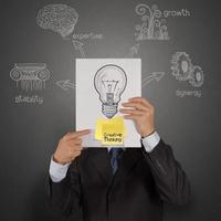 businessman hand show book with creative thinking on  sticky note and lightbulb photo