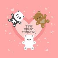 ilustraciones de panda, oso polar y oso pardo. Mejor amigo por siempre. fondo de color melocotón con formas de amor. fondo de lor y formas de amor. vector