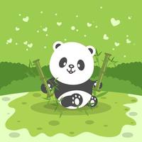 linda ilustración del personaje de dibujos animados panda comiendo bambú con fondo de concepto de tono verde. vector