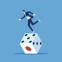 Business risk and luck concept, businessman balanced on unstable dice vector