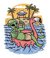 cool alien chilling at beach illustration vector