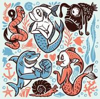 Set of hand drawn sea creature elements