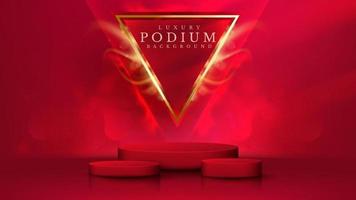 Red product display podium with golden triangle elements with bokeh decoration and glitter light effect. vector