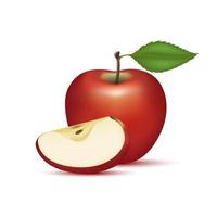 Red apple with apple slices and leaves. Vitamins, Healthy food fruit. On a white background. Realistic 3D Vector illustration.