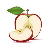 manzana roja con rodajas de manzana y hojas. vitaminas, comida saludable fruta. sobre un fondo blanco. ilustración vectorial 3d realista. vector