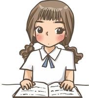 dibujos animados niña estudiante leyendo dibujo ilustración clipart lindo vector