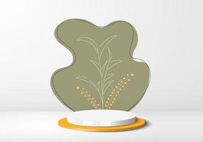 3D realistic product display white and yellow podium with green leaves hand drawn backdrop vector