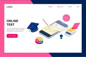 3D isometric landing page template of online examination on smartphone. Online test, opinion checklist, online education, questionnaire form, survey metaphor, answering internet quiz, homework testing vector