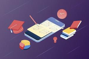 3D isometric landing page template of online examination on smartphone. Online test, opinion checklist, online education, questionnaire form, survey metaphor, answering internet quiz, homework testing vector