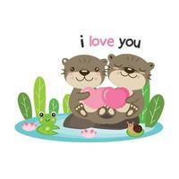 Cute couple otters holding hearts for valentines day. vector