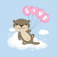 linda nutria sosteniendo un globo de amor para el día de san valentín. vector