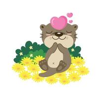 Valentines day greeting card. Cute otter with heart on flower field. vector