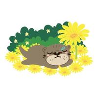 linda nutria durmiendo en el campo de flores. vector