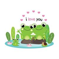 Valentines day greeting card. Cute couple frogs fall in love. vector