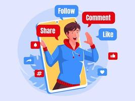 Men shout promotion social media share follow comment and like vector