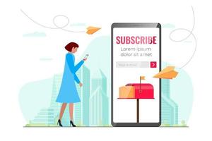 Subscribe on newsletter online service mobile app design template. E-mail subscription form on smartphone screen. Paper planes with message, mail and news fly to phone. Vector eps woman mailing