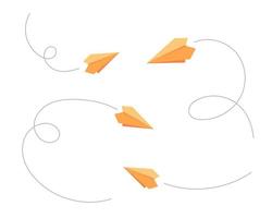 Yellow paper planes with dotted line route symbols. Handmade flying airplanes set. Vector eps illustration