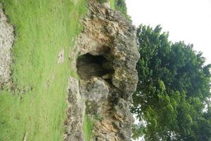 artificial cave in the middle of the park with green grass photo