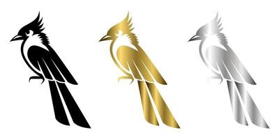 Three color black gold and silver Vector illustration on a white background of a small beautiful bird