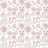 Valentine's day pattern. Seamless pattern with hearts, giftbox, flowers, teddy bear, rose. Set of valentine's day icons vector