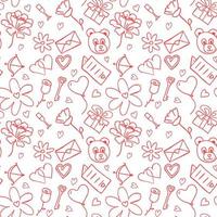 Valentine's day pattern. Seamless pattern with hearts, giftbox, flowers, teddy bear, rose. Set of valentine's day icons vector