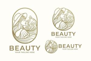 feminine natural beauty woman gold logo template vector