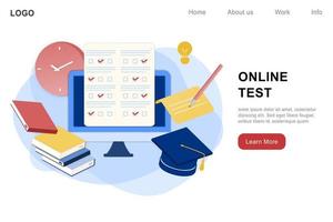 Plantilla de página de inicio isométrica 3d de examen en línea en computadora. prueba en línea, lista de verificación de opinión, educación en línea, formulario de cuestionario, metáfora de encuesta, respuesta a prueba de Internet, prueba de computadora. vector