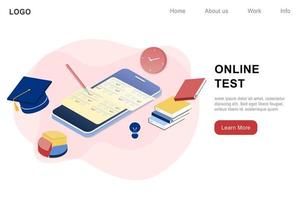 3D isometric landing page template of online examination on smartphone. Online test, opinion checklist, online education, questionnaire form, survey metaphor, answering internet quiz, homework testing vector