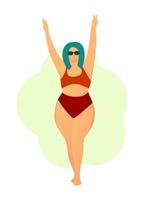 Happy chubby girl in a red swimsuit. The body is positive. Love your body. Girls on the beach. Acceptance of your body. vector