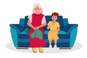 la mujer mayor es una abuela con su nieto sentado en el sofá. las personas mayores son personajes de dibujos animados. vejez. ilustración vectorial de un estilo plano, aislado en un fondo blanco vector