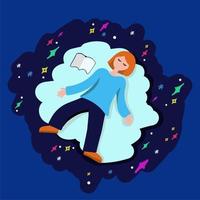 A female character in a dream and dreams. A concept in a flat graph. The girl is floating in the clouds and dreaming with her eyes closed. Vector illustration