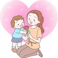 el niño le da a la madre una flor de clavel