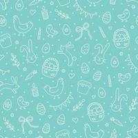 Cute Easter seamless pattern with eggs, rabbits, hens, chicken and other symbol of the great religious holiday. Hand drawn vector illustration