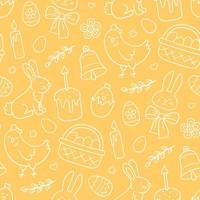 Cute Easter doodle seamless pattern with bunny, basket, easter eggs, cakes, chicken, willow twigs and candles. Vector hand drawn illustration