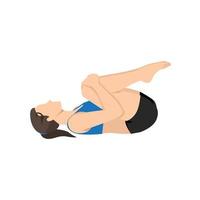Woman doing knees to chest pose apanasana exercise. Flat vector illustration isolated on white background