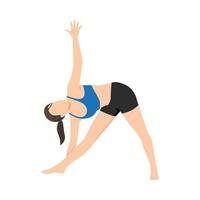 mujer haciendo pose de triángulo extendido o ejercicio utthita trikonasana. ilustración vectorial plana aislada sobre fondo blanco vector