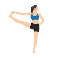 mujer haciendo ejercicio de mano extendida al dedo gordo del pie utthita hasta padangusthasana. ilustración vectorial plana aislada sobre fondo blanco vector