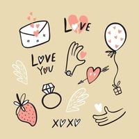 Set of illustrations of Valentine's day stickers in doodle style. vector