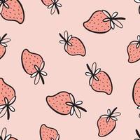 Seamless pattern with strawberries on pink background in doodle style. vector