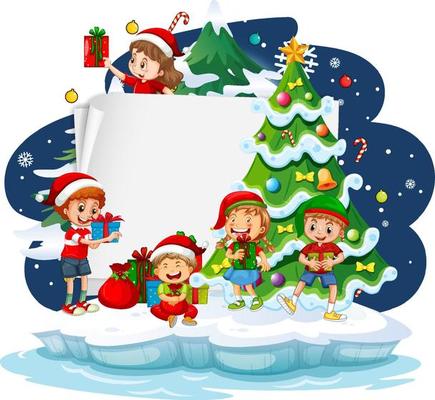 Snowy night with happy children in Christmas theme