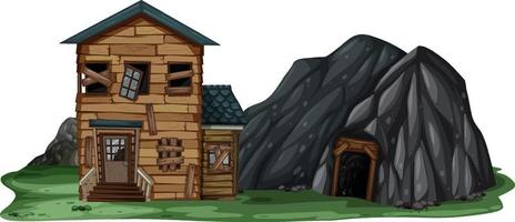 An abandoned house with a rock cave on white background vector