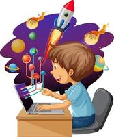 Young boy studying in front of laptop with space objects vector