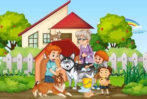 Outdoor scene with children and their dogs vector