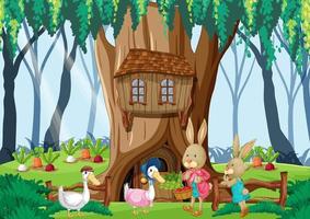 Rabbit family lives in enchanted forest vector