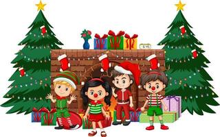 Happy children celebrating Christmas on white background vector