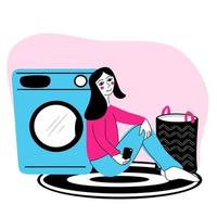 mujer feliz sentada en la lavandería vector